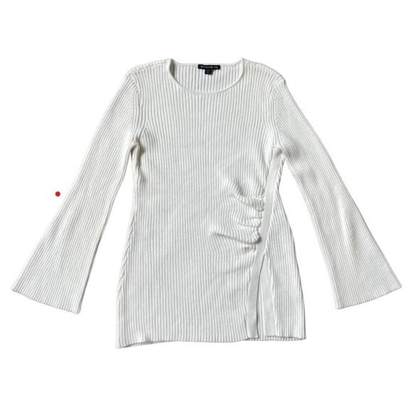 Boston Proper M Side Slit Ruched Sweater | Tunic Flare Ribbed, Off-White $200 - Picture 5 of 9